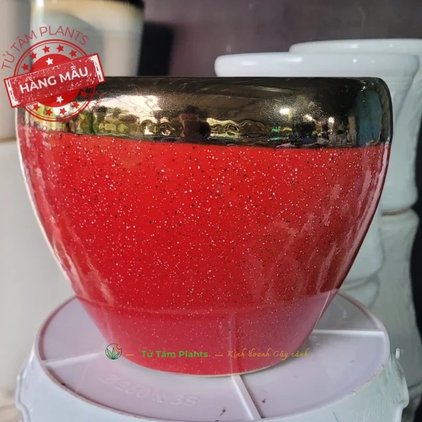 Chậu men sứ dáng bầu đỏ viền vàng